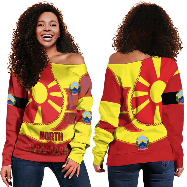 North Macedonia Women Off Shoulder Sweatshirt Flag & Coat Of Arms Leather Style