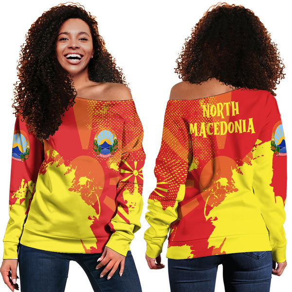 North Macedonia Women Off Shoulder Sweatshirt Flag & Coat Of Arms Paint Style