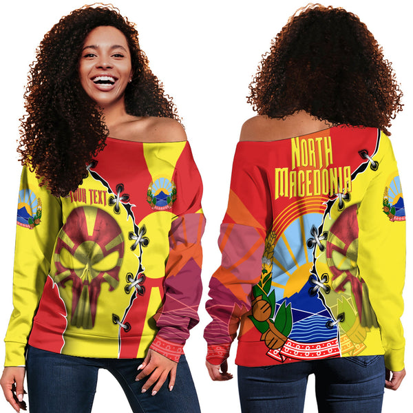 North Macedonia Women Off Shoulder Sweatshirt Flag & Coat Of Arms Skull Style