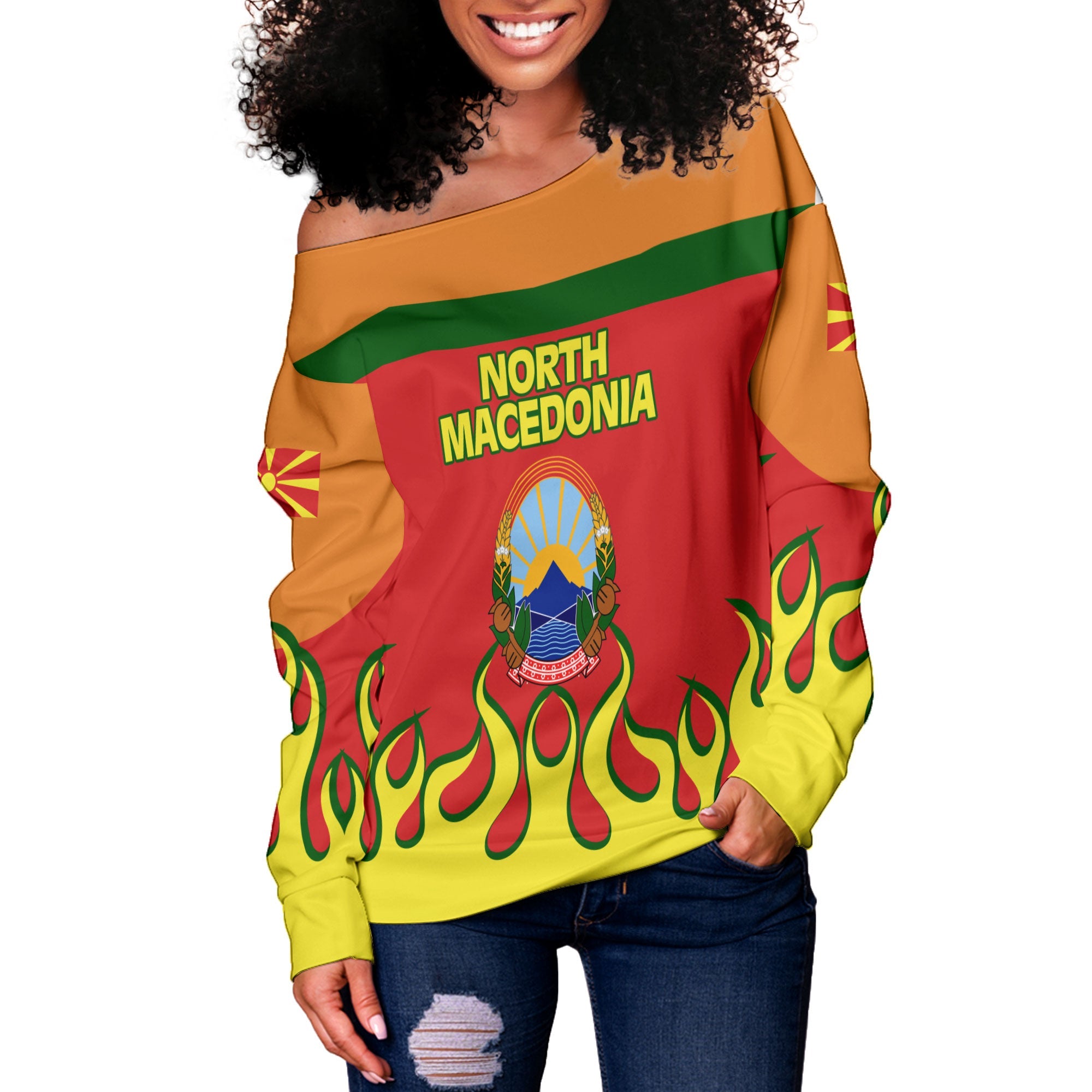 North Macedonia Women Off Shoulder Sweatshirt Flag & Coat Of Arms Fire Hockey Style