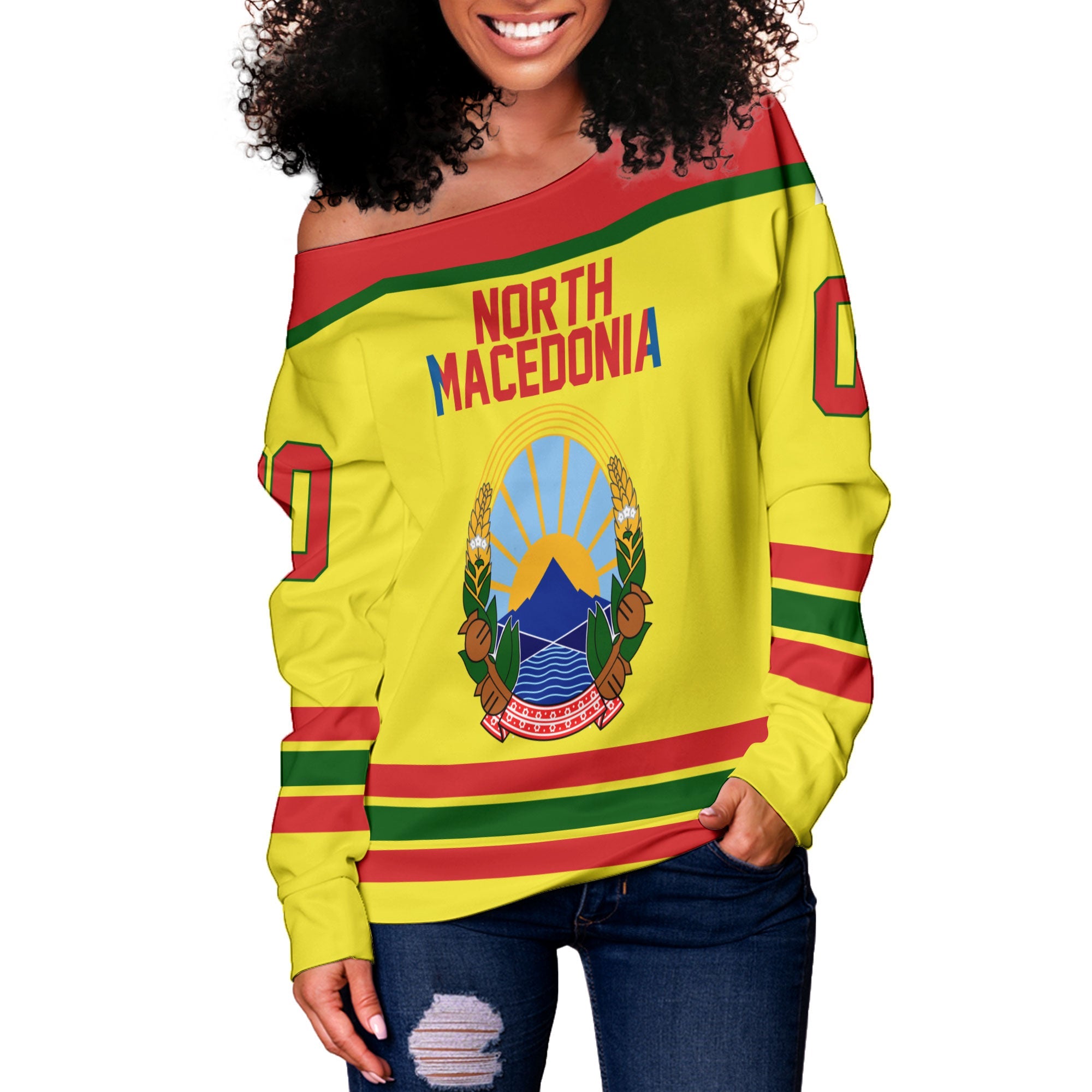 North Macedonia Women Off Shoulder Sweatshirt Flag & Coat Of Arms Hockey Style