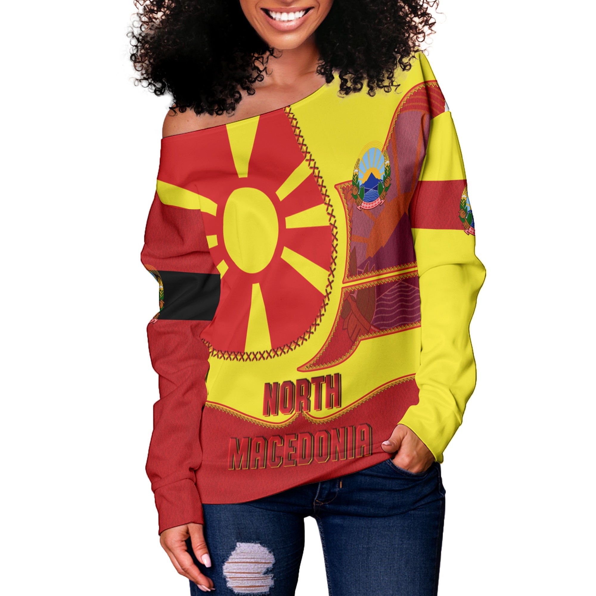 North Macedonia Women Off Shoulder Sweatshirt Flag & Coat Of Arms Leather Style