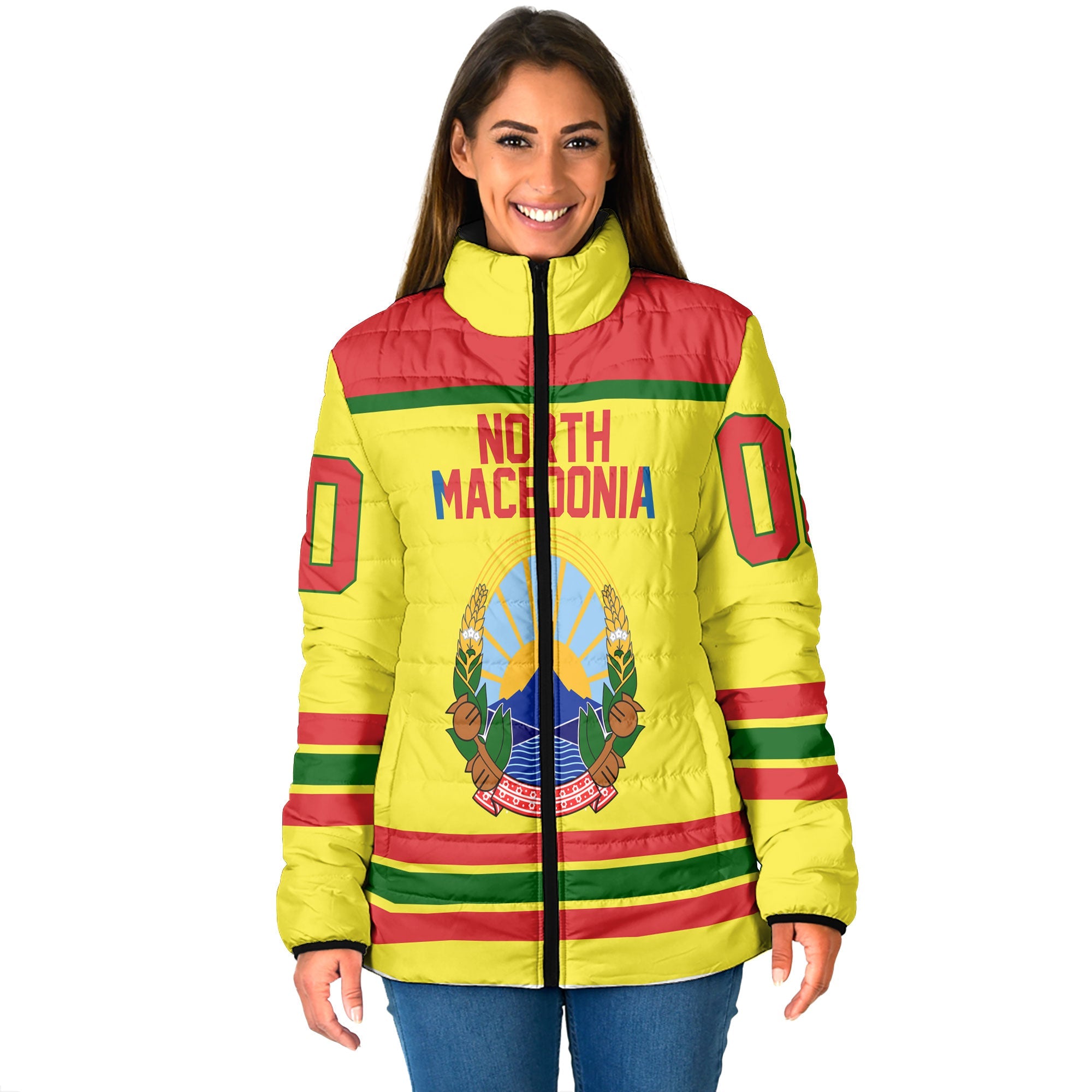 North Macedonia Women Padded Jacket Flag & Coat Of Arms Hockey Style