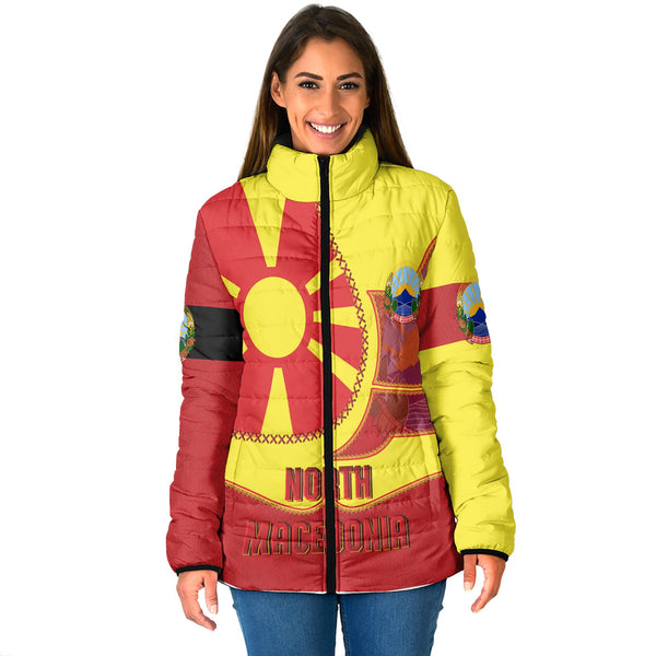 North Macedonia Women Padded Jacket Flag & Coat Of Arms Leather Style