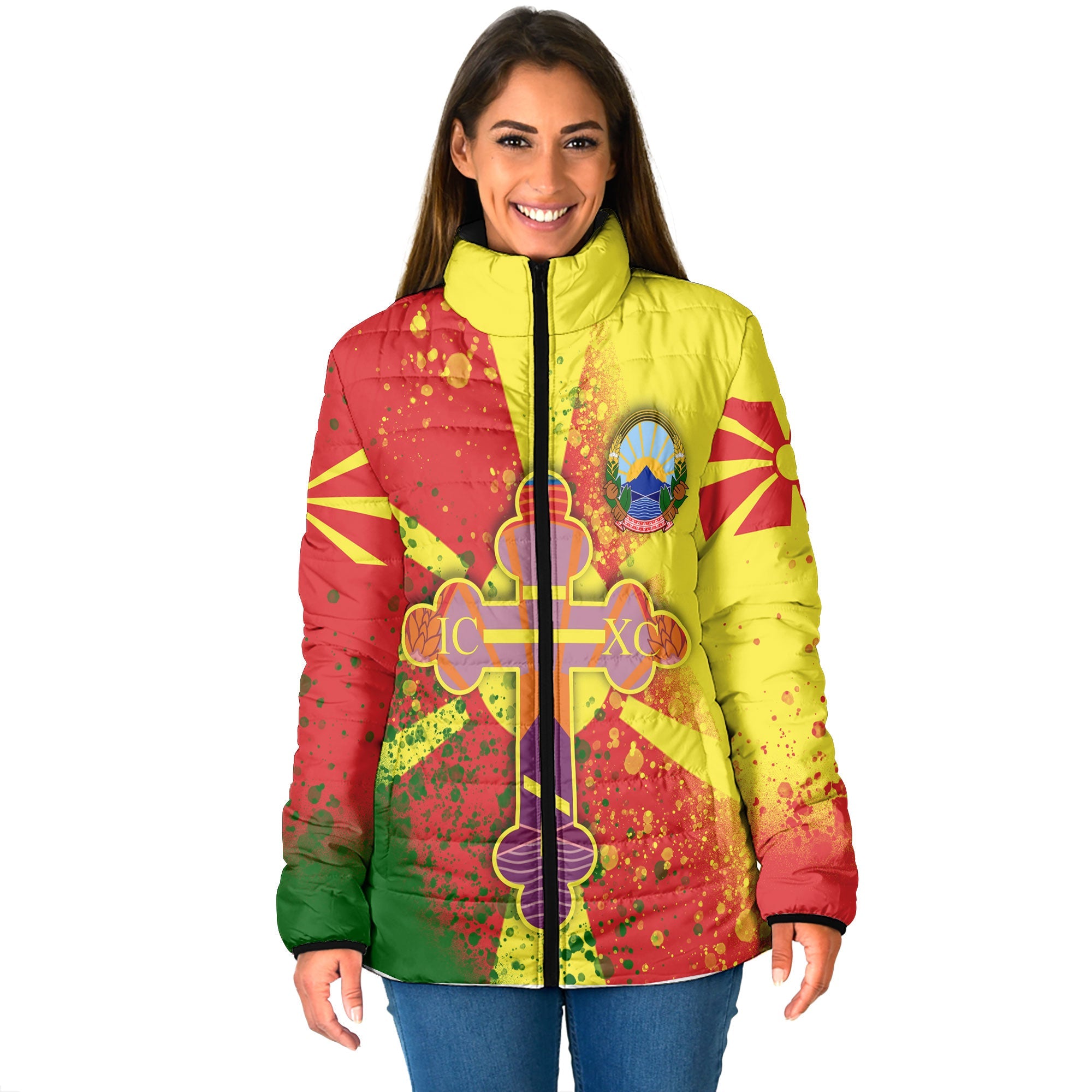 North Macedonia Women Padded Jacket Flag & Coat Of Arms Orthodox Style