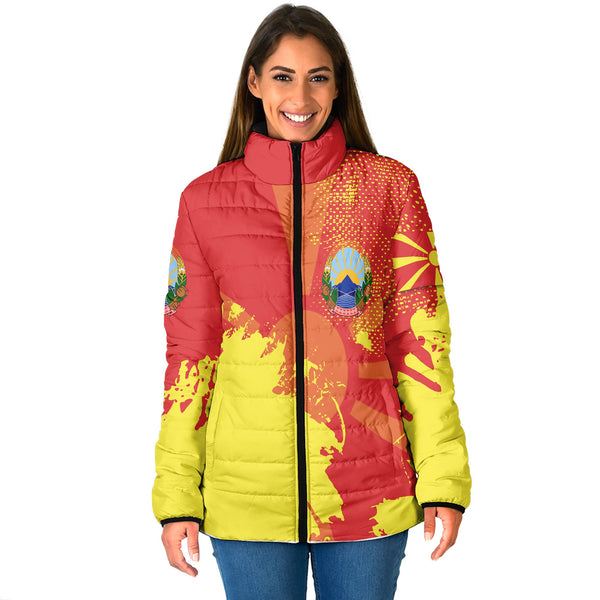 North Macedonia Women Padded Jacket Flag & Coat Of Arms Paint Style