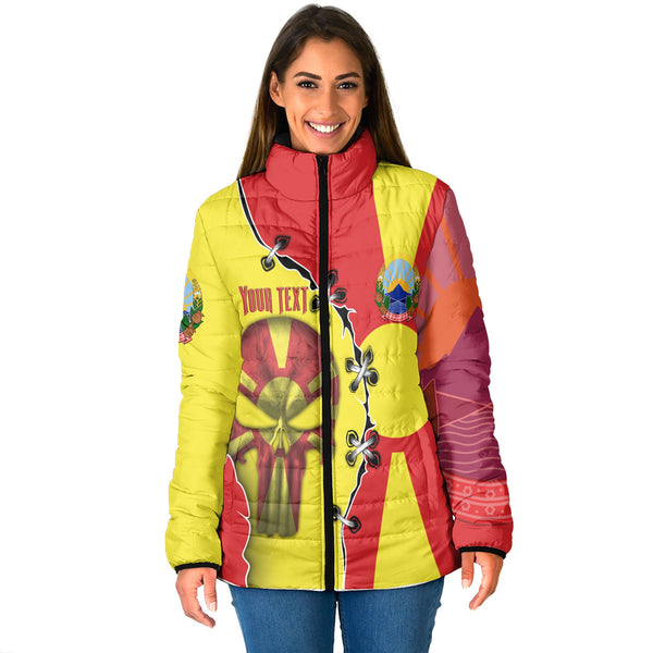 North Macedonia Women Padded Jacket Flag & Coat Of Arms Skull Style