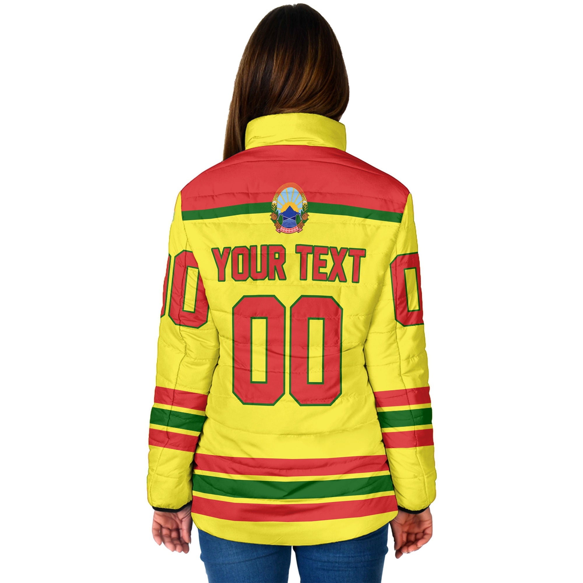 North Macedonia Women Padded Jacket Flag & Coat Of Arms Hockey Style