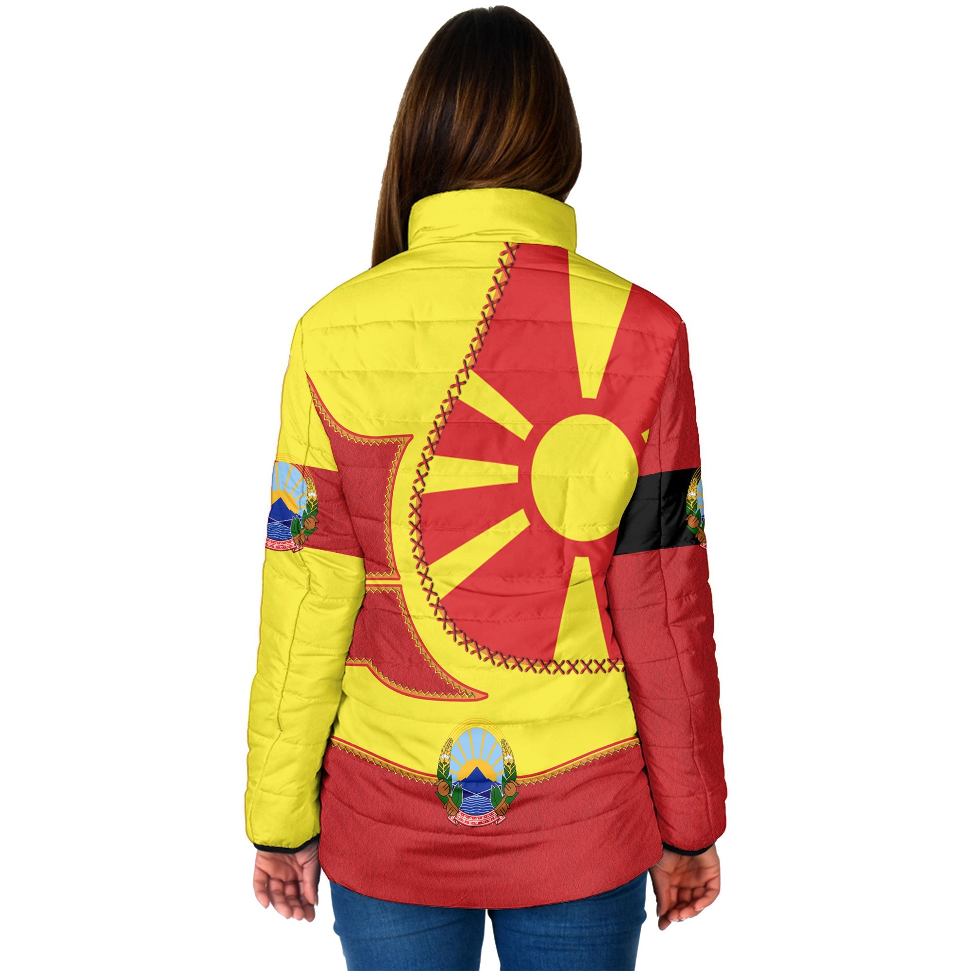 North Macedonia Women Padded Jacket Flag & Coat Of Arms Leather Style