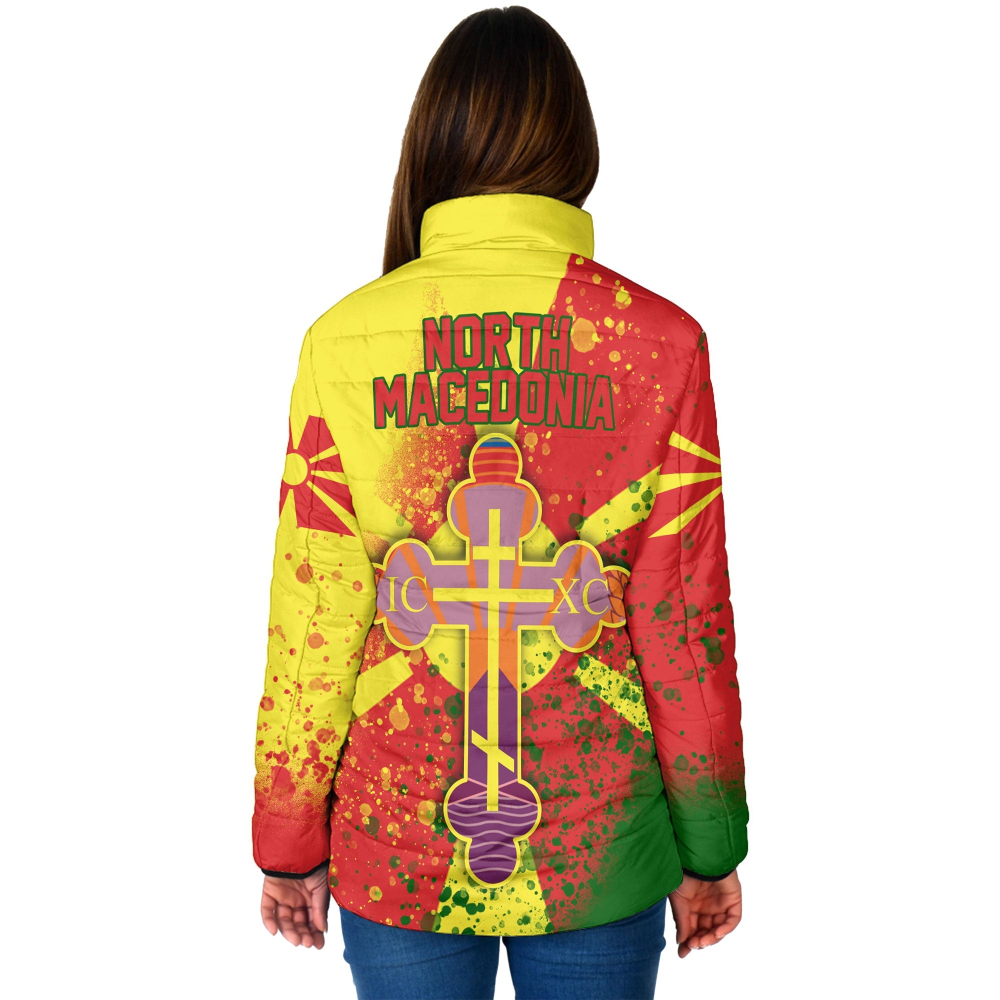 North Macedonia Women Padded Jacket Flag & Coat Of Arms Orthodox Style