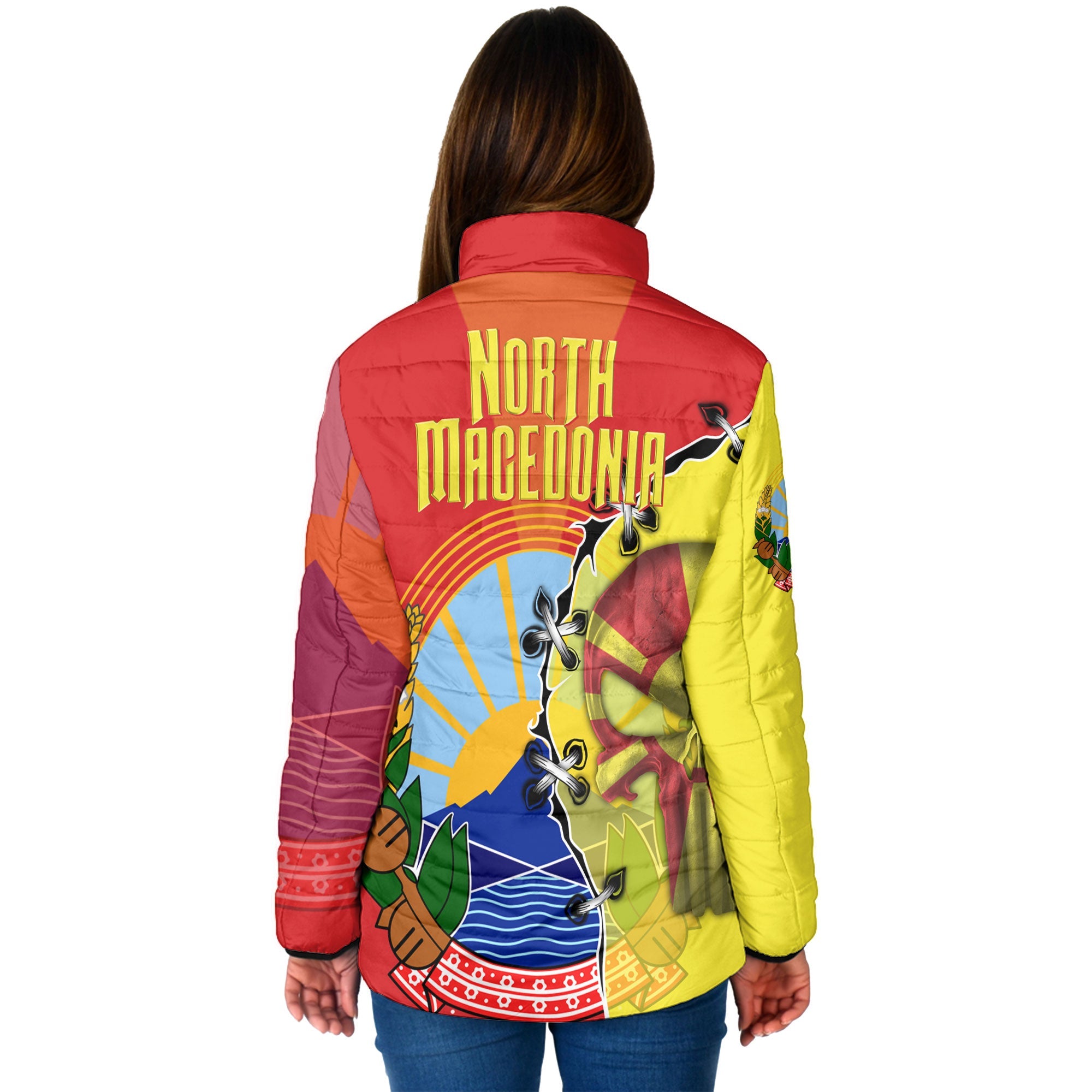 North Macedonia Women Padded Jacket Flag & Coat Of Arms Skull Style