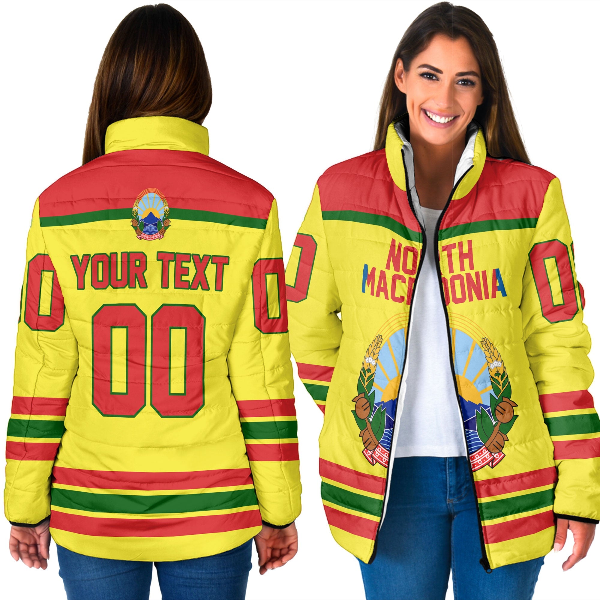 North Macedonia Women Padded Jacket Flag & Coat Of Arms Hockey Style