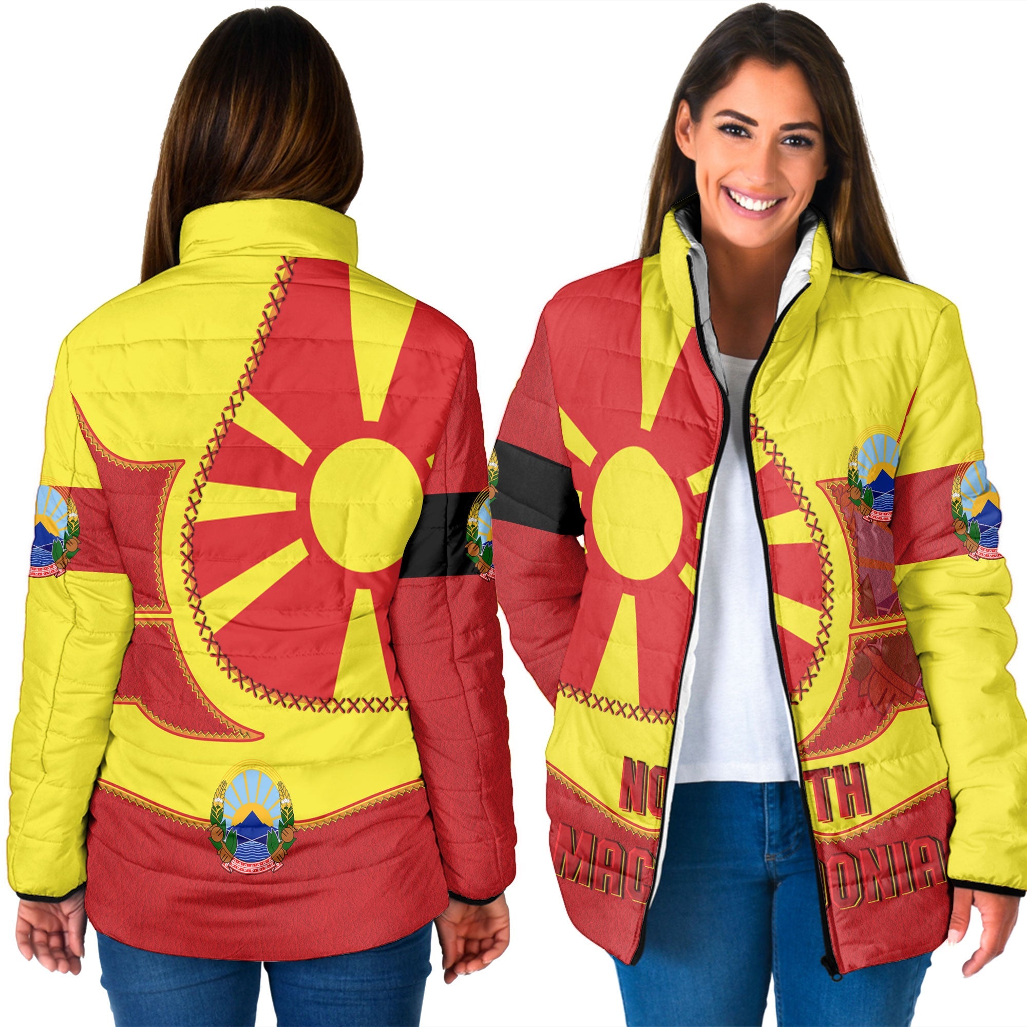 North Macedonia Women Padded Jacket Flag & Coat Of Arms Leather Style