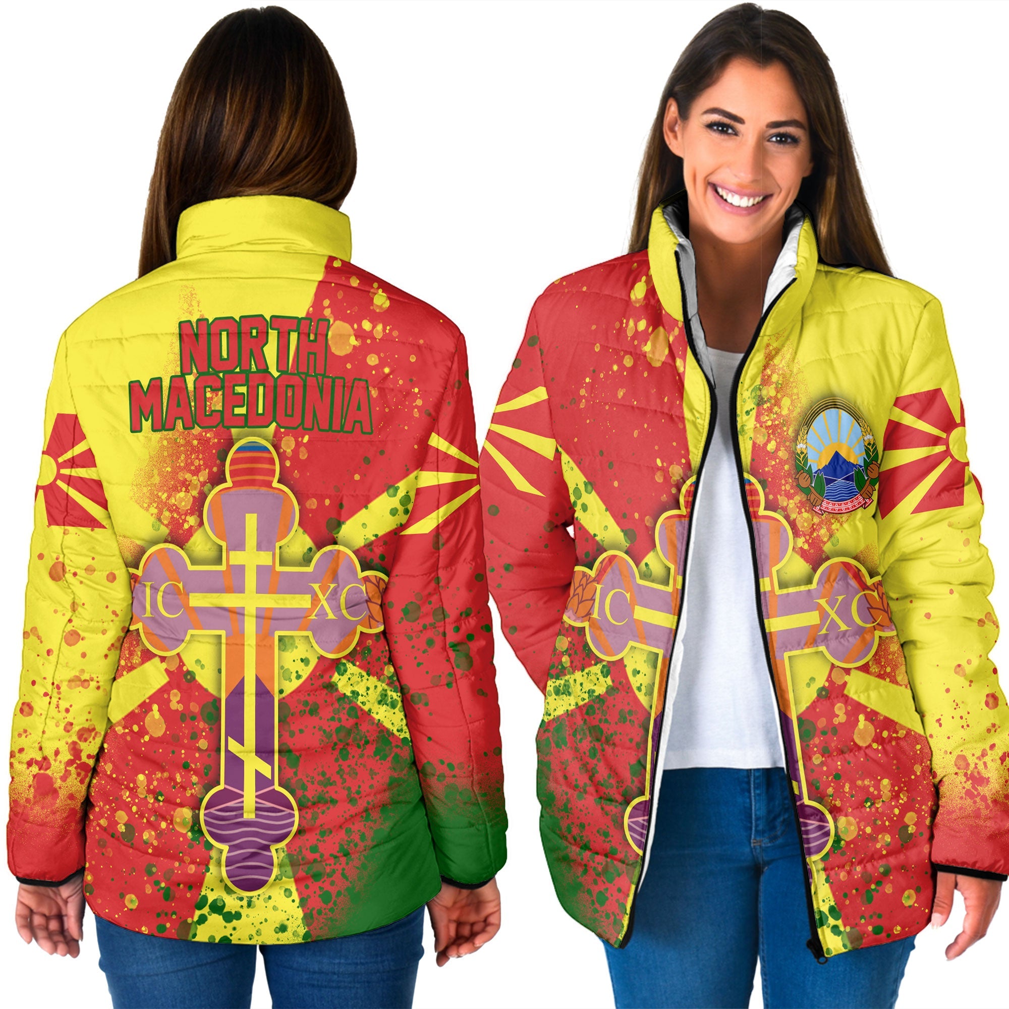 North Macedonia Women Padded Jacket Flag & Coat Of Arms Orthodox Style