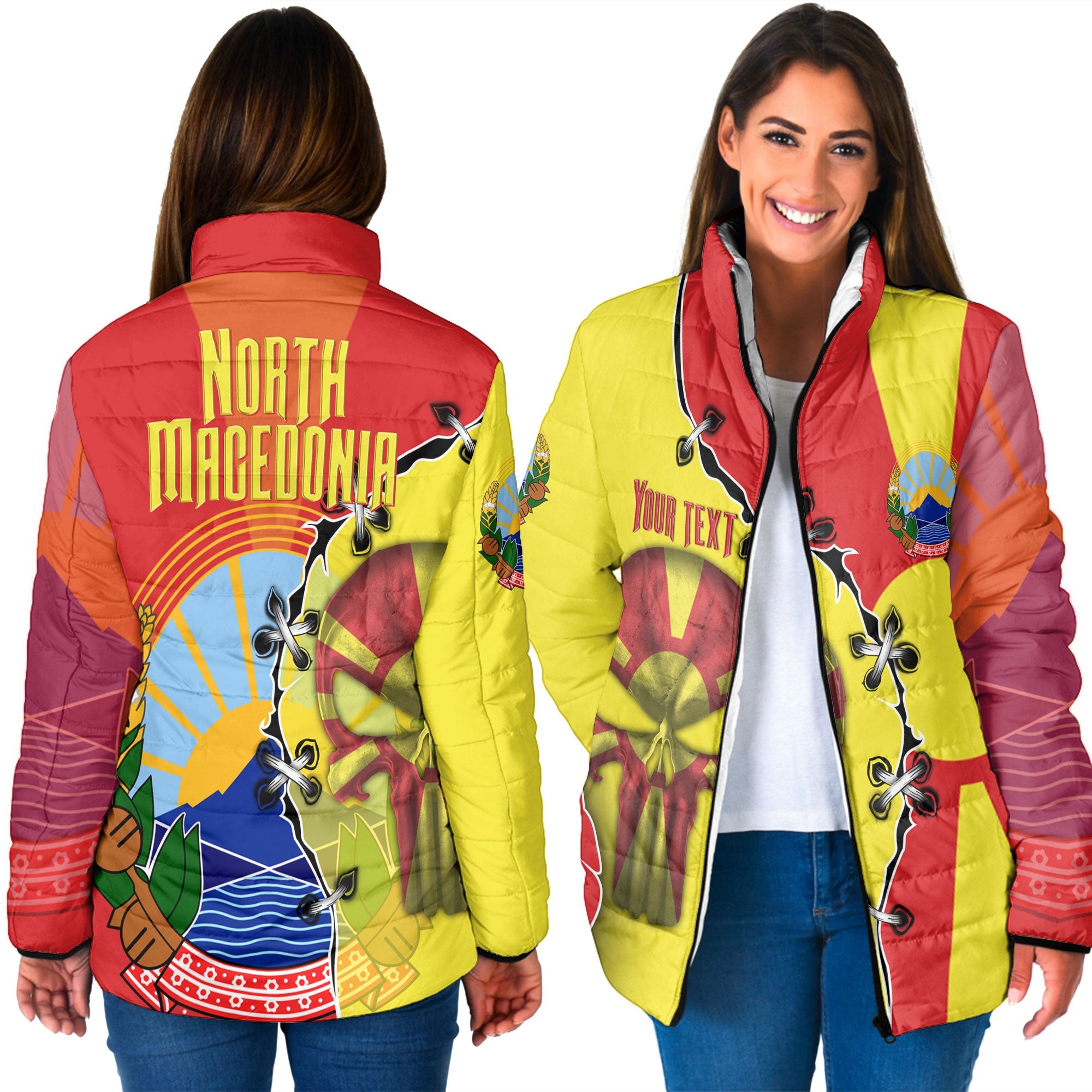 North Macedonia Women Padded Jacket Flag & Coat Of Arms Skull Style