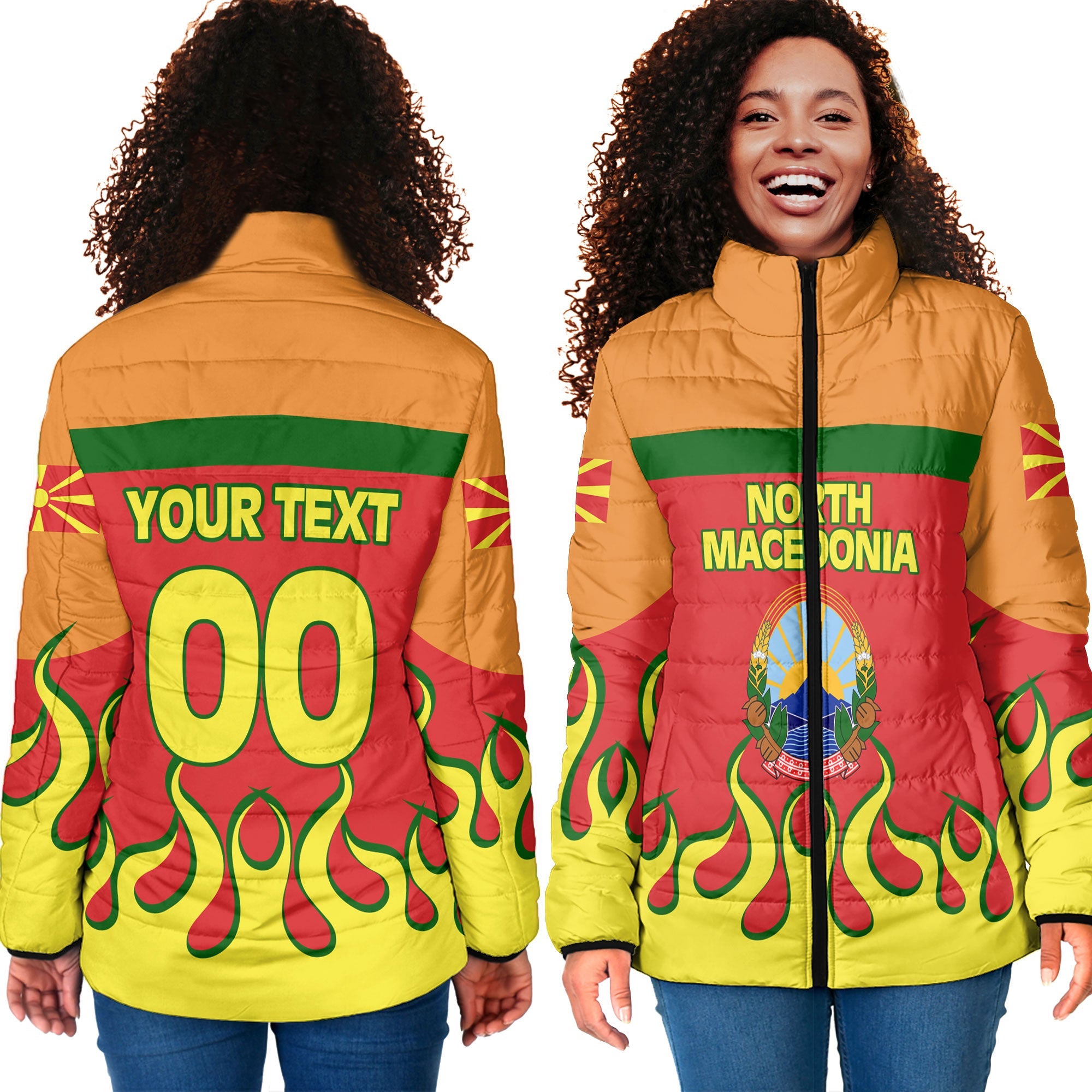 North Macedonia Women Padded Jacket Flag & Coat Of Arms Fire Hockey Style