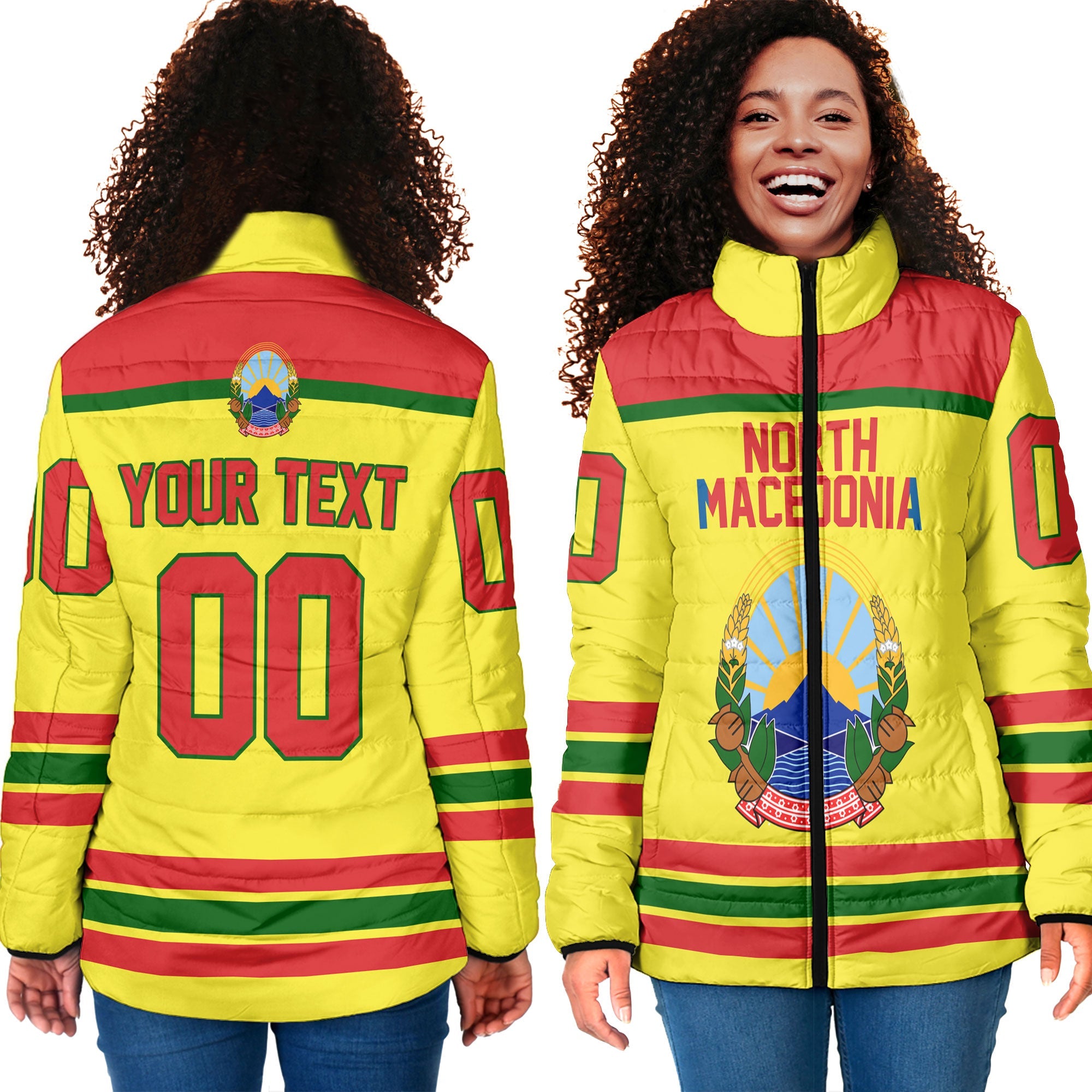 North Macedonia Women Padded Jacket Flag & Coat Of Arms Hockey Style