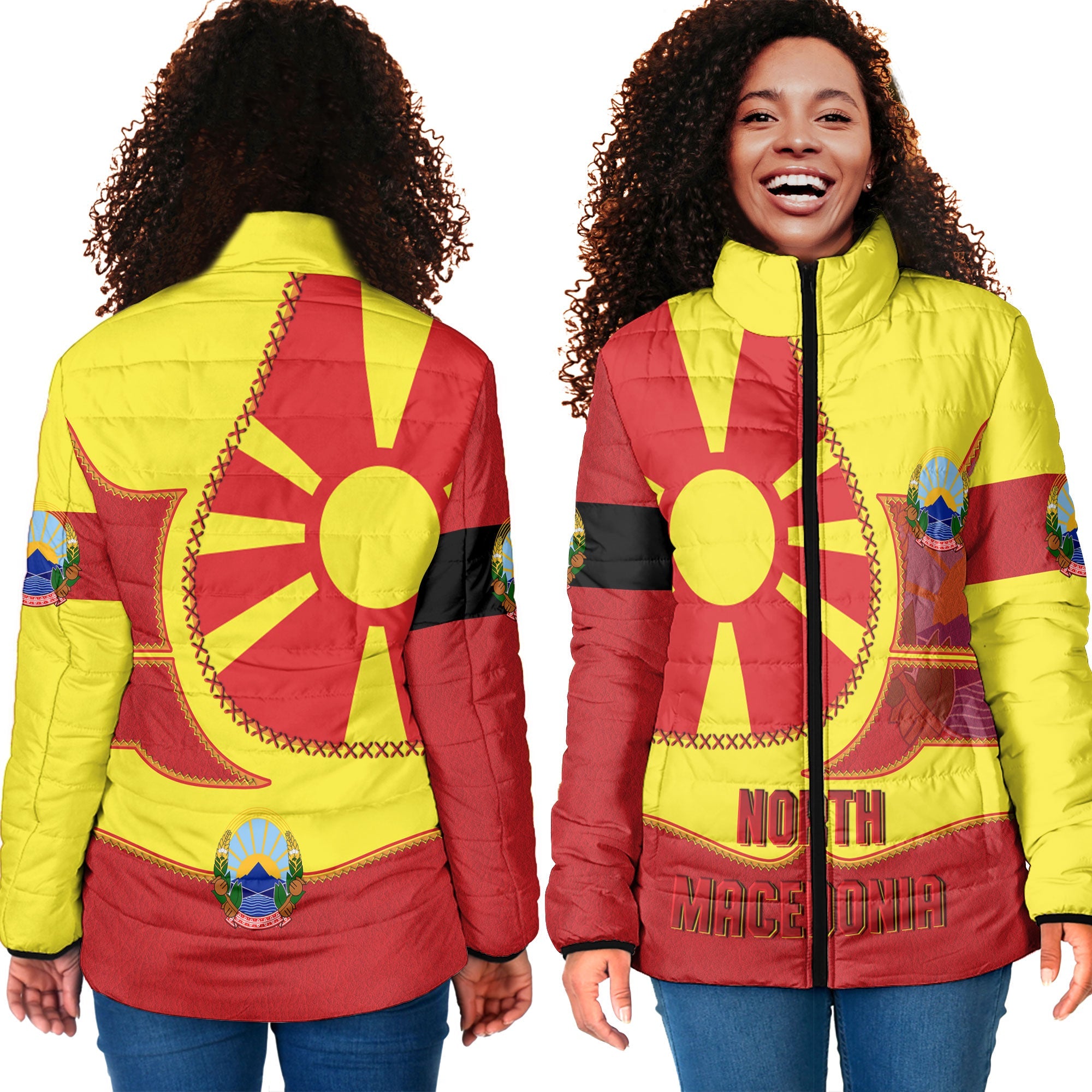 North Macedonia Women Padded Jacket Flag & Coat Of Arms Leather Style