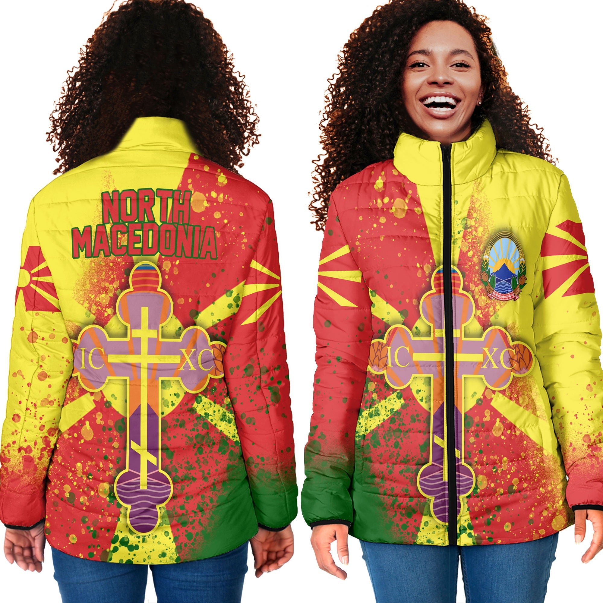 North Macedonia Women Padded Jacket Flag & Coat Of Arms Orthodox Style