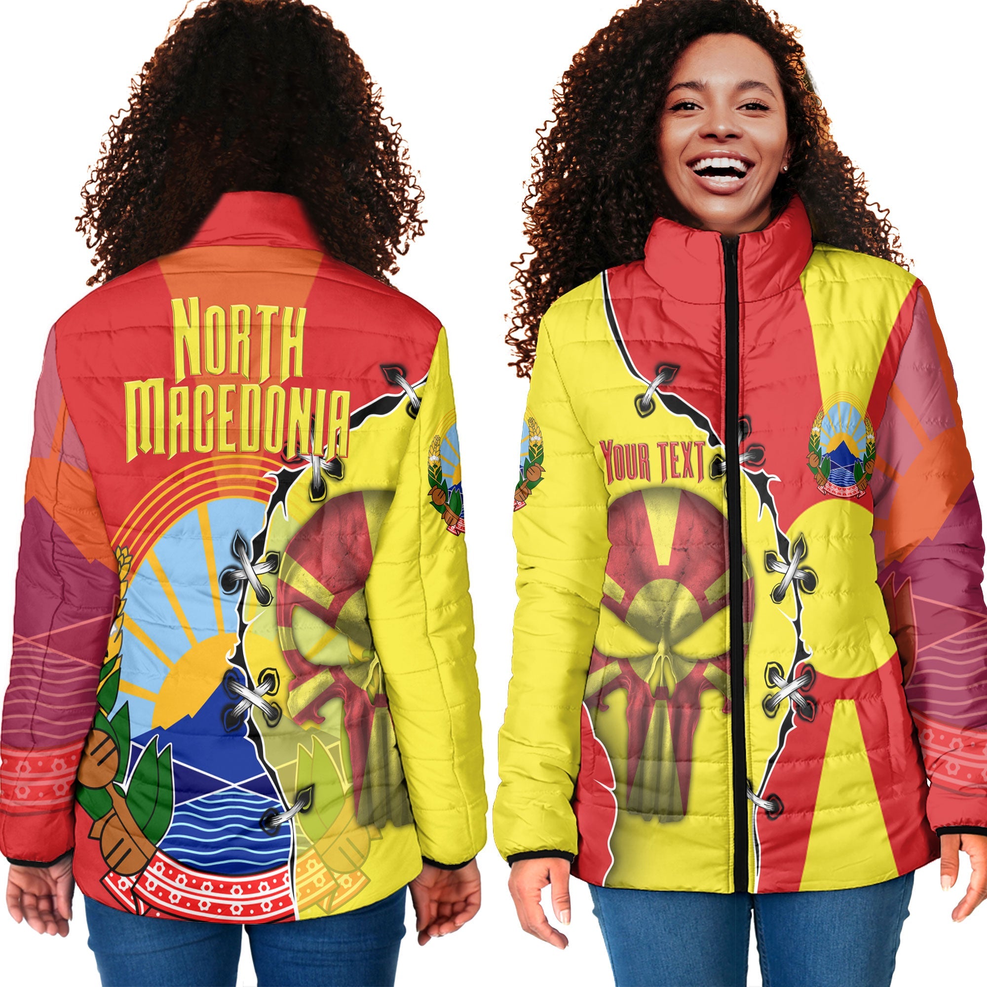 North Macedonia Women Padded Jacket Flag & Coat Of Arms Skull Style