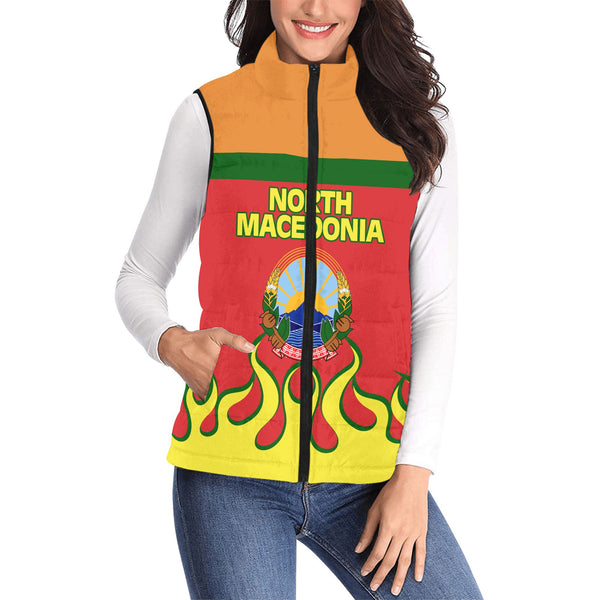 North Macedonia Women Padded Jacket Vest Flag & Coat Of Arms Fire Hockey Style