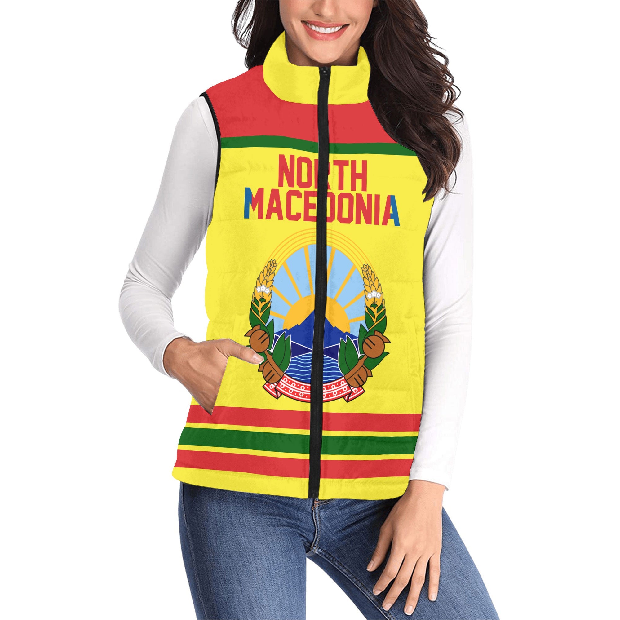 North Macedonia Women Padded Jacket Vest Flag & Coat Of Arms Hockey Style