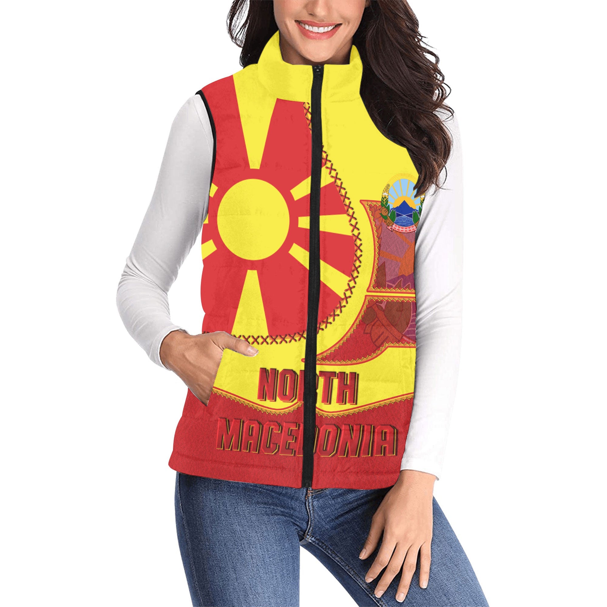 North Macedonia Women Padded Jacket Vest Flag & Coat Of Arms Leather Style