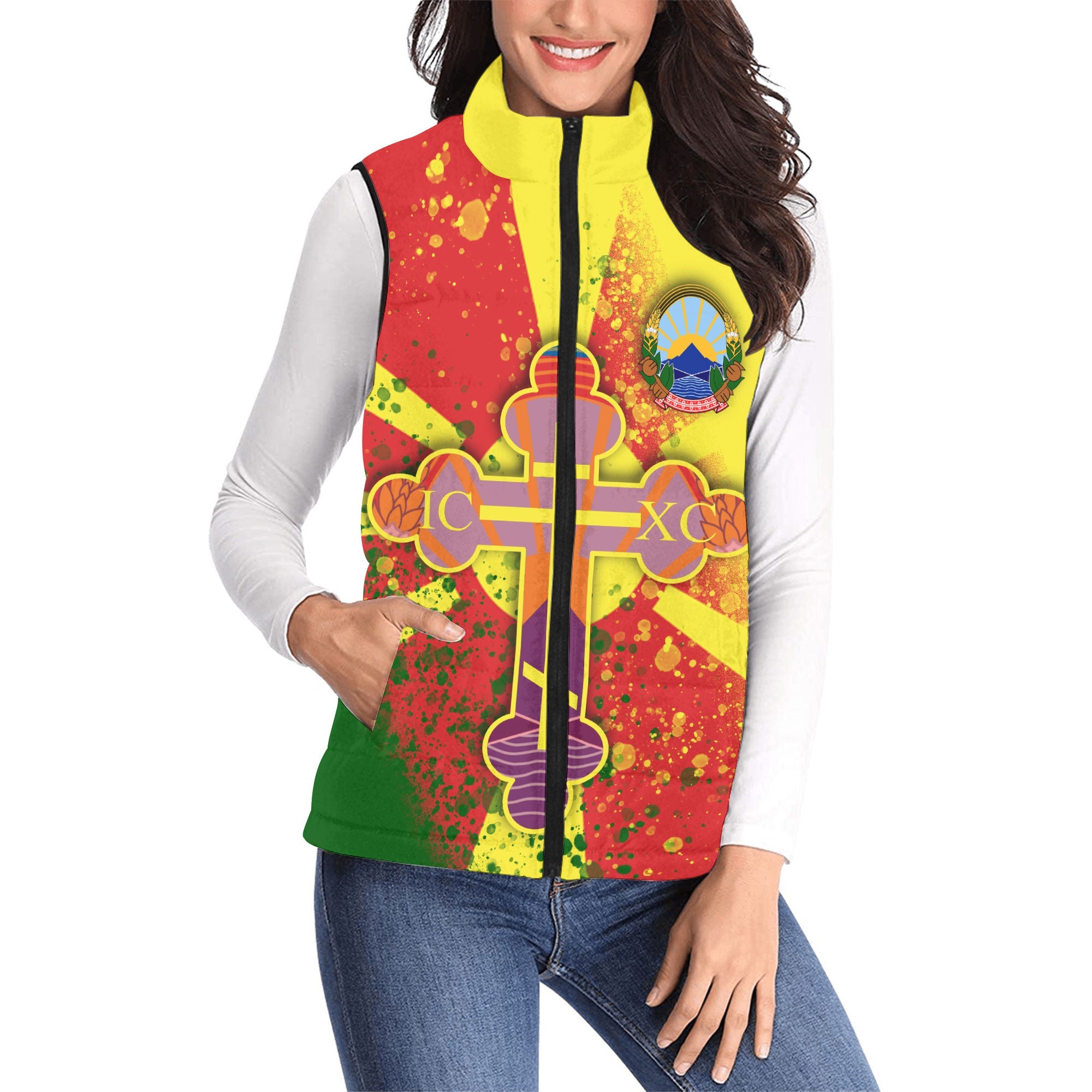 North Macedonia Women Padded Jacket Vest Flag & Coat Of Arms Orthodox Style