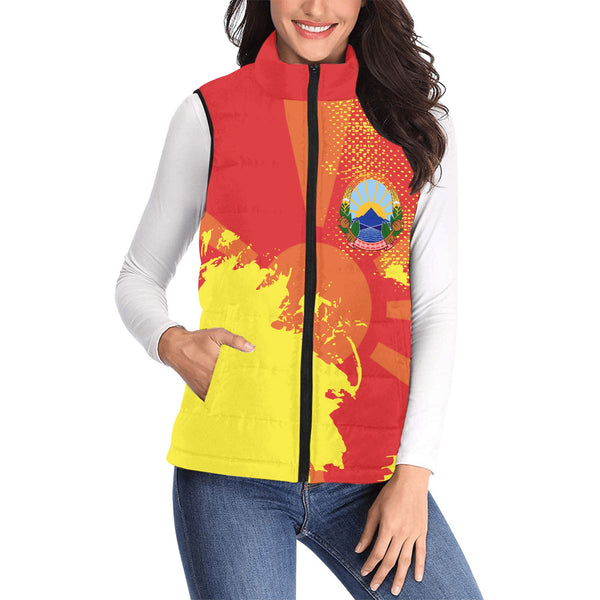 North Macedonia Women Padded Jacket Vest Flag & Coat Of Arms Paint Style