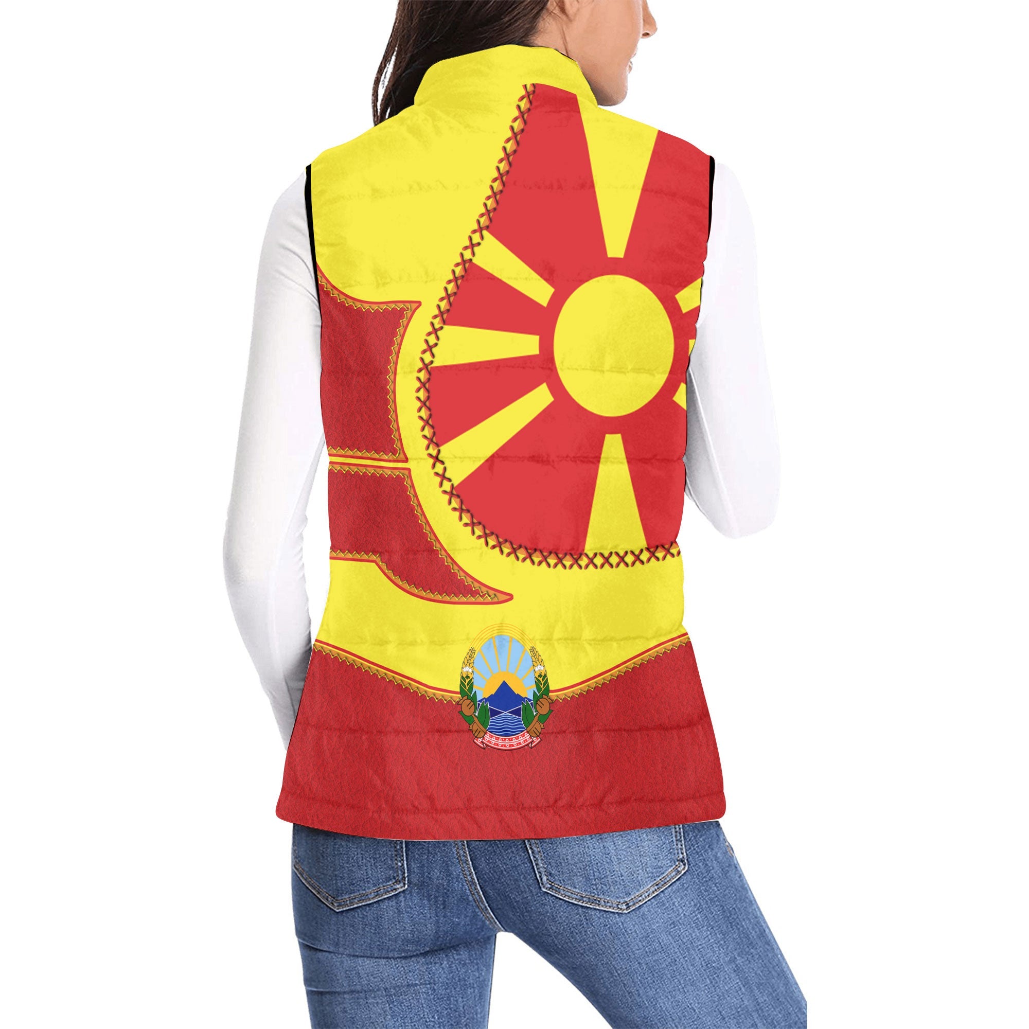 North Macedonia Women Padded Jacket Vest Flag & Coat Of Arms Leather Style