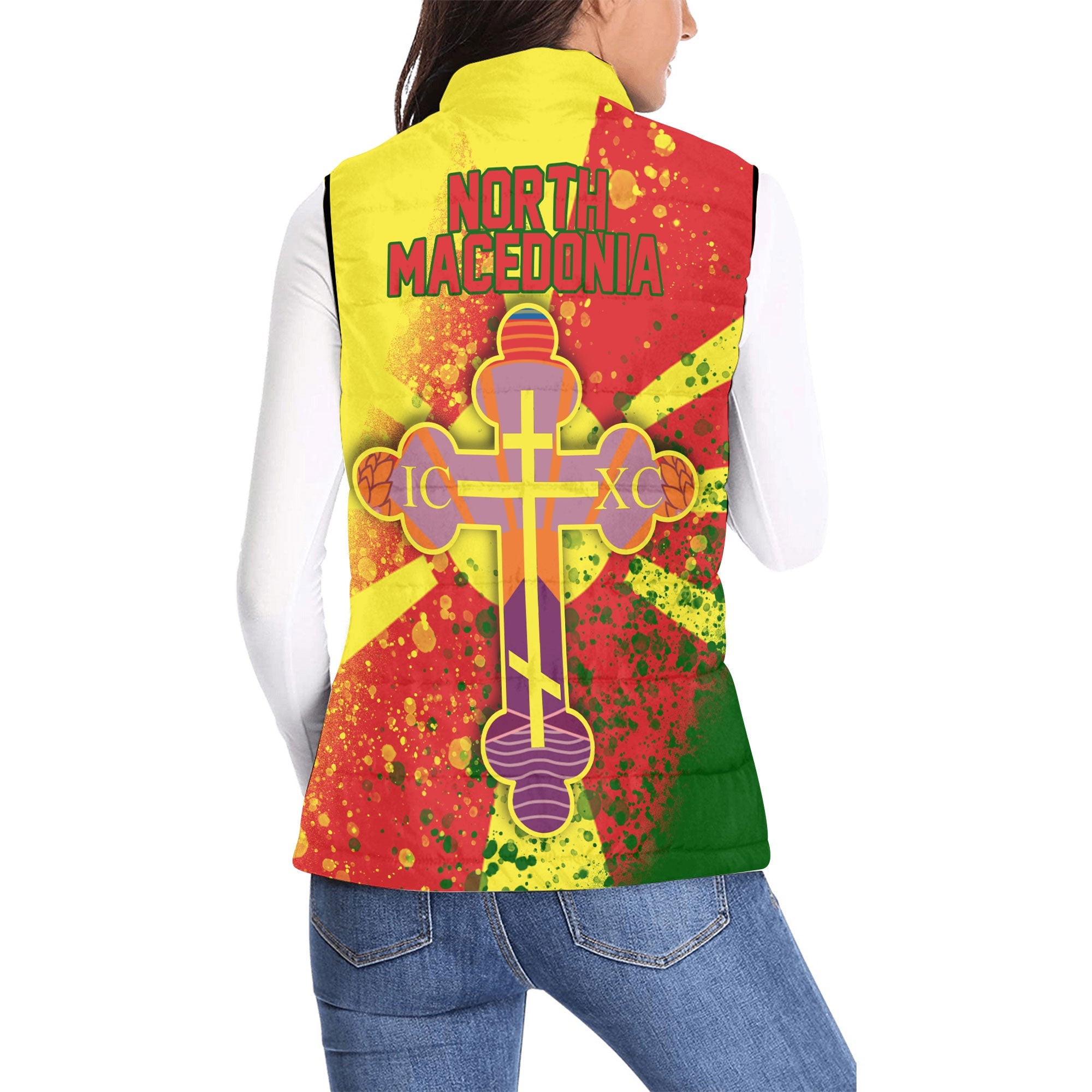 North Macedonia Women Padded Jacket Vest Flag & Coat Of Arms Orthodox Style