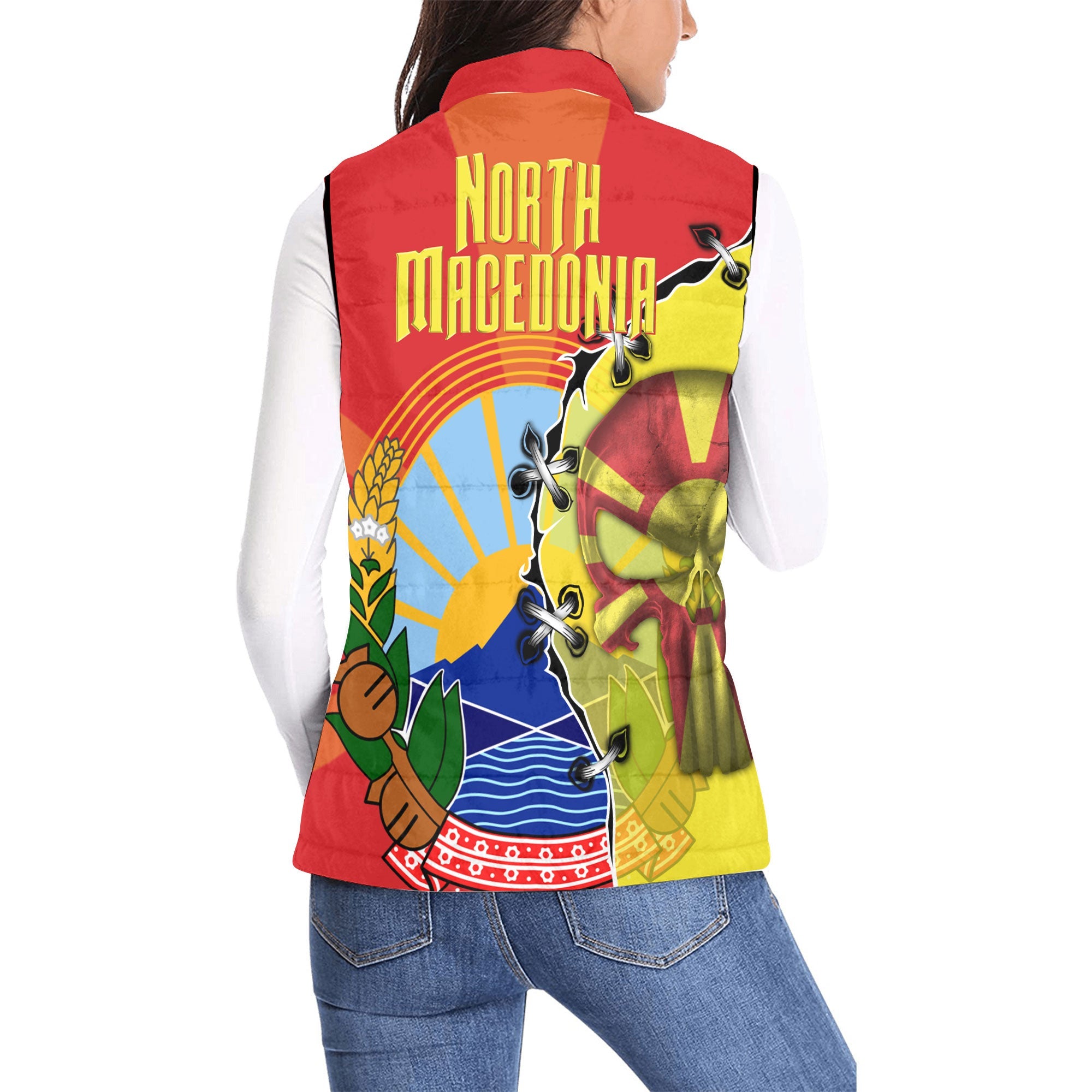 North Macedonia Women Padded Jacket Vest Flag & Coat Of Arms Skull Style