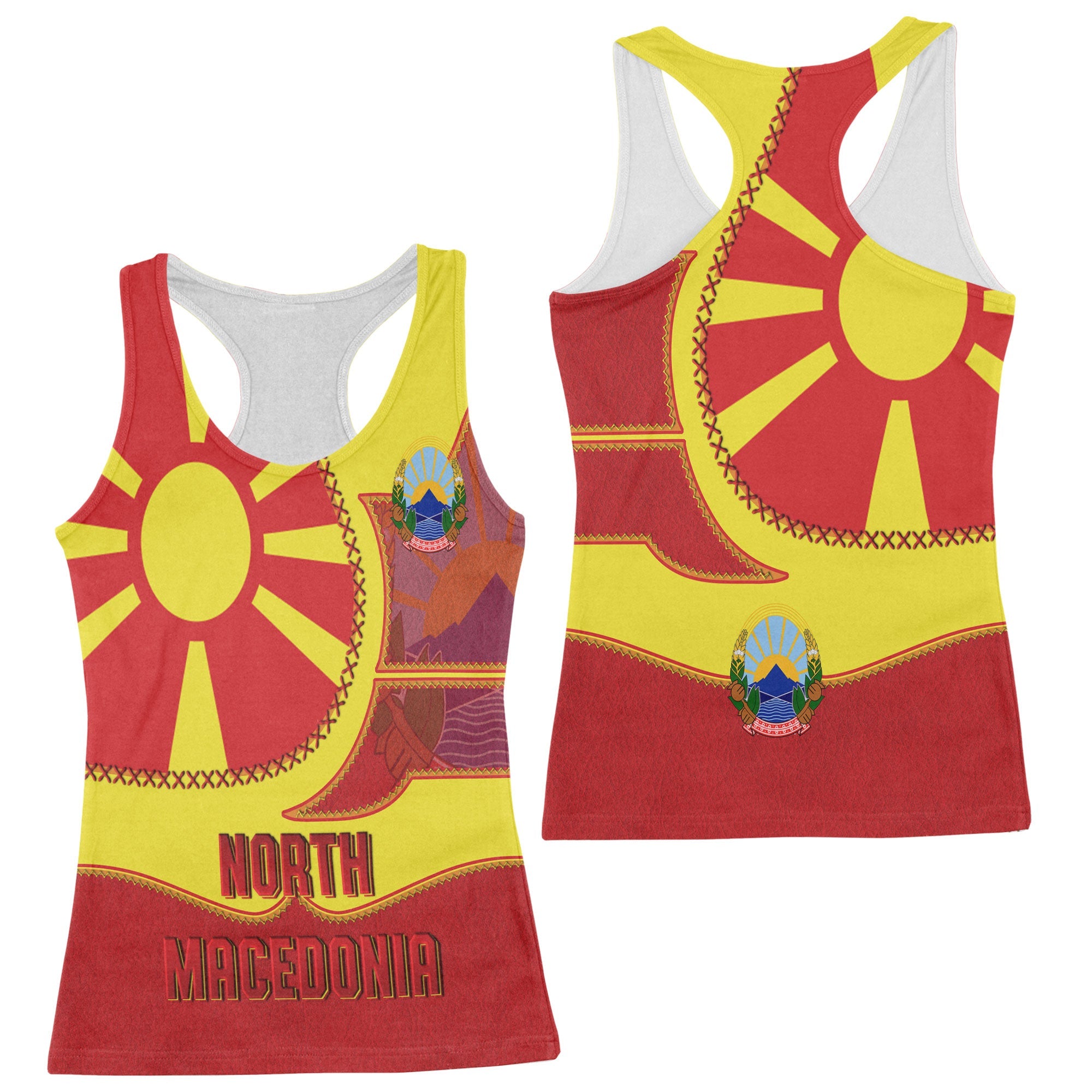 North Macedonia Women Tank Top Flag & Coat Of Arms Leather Style