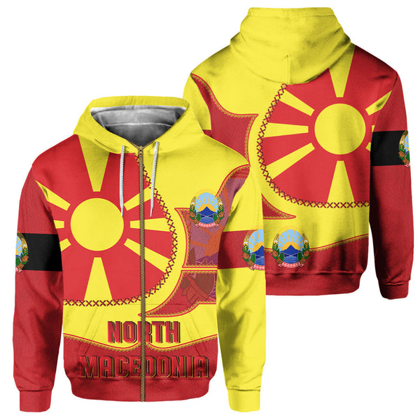 North Macedonia Zip Hoodie Flag & Coat Of Arms Leather Style