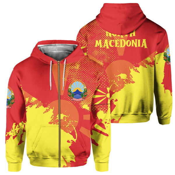 North Macedonia Zip Hoodie Flag & Coat Of Arms Paint Style