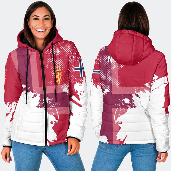 Norway Women Hooded Padded Jacket Flag & Coat Of Arms Paint Style