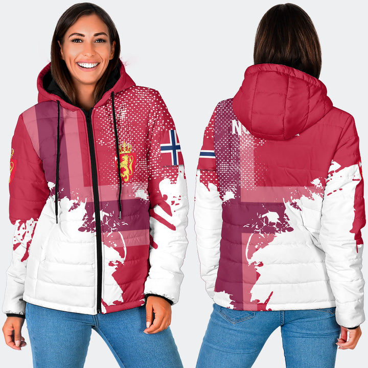 Norway Women Hooded Padded Jacket Flag & Coat Of Arms Paint Style