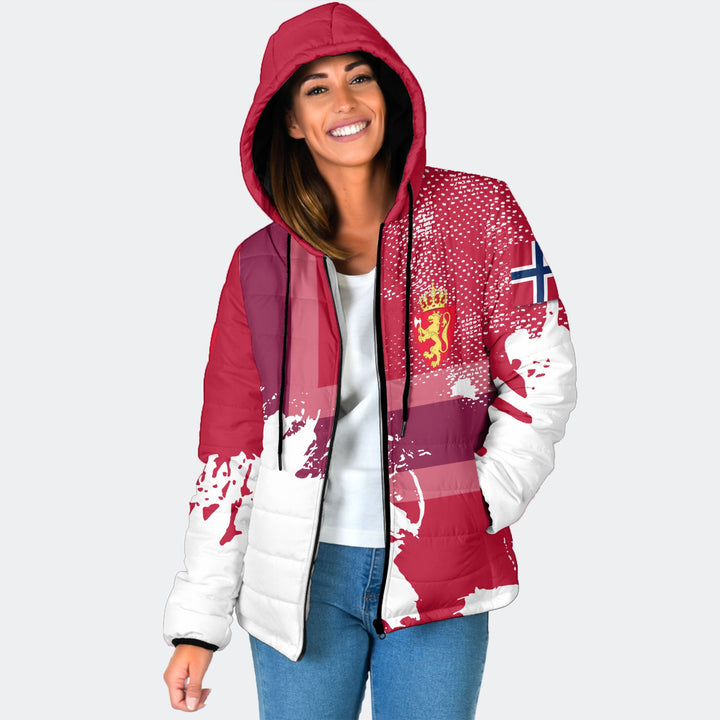 Norway Women Hooded Padded Jacket Flag & Coat Of Arms Paint Style