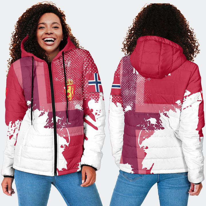 Norway Women Hooded Padded Jacket Flag & Coat Of Arms Paint Style