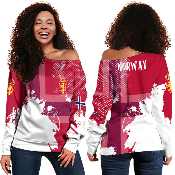 Norway Women Off Shoulder Sweatshirt Flag & Coat Of Arms Paint Style