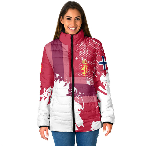 Norway Women Padded Jacket Flag & Coat Of Arms Paint Style