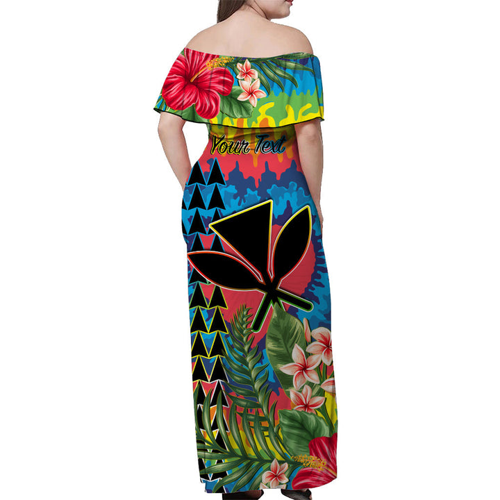 (Custom Personalised) Hawaii Rainbow Tie Dye Off Shoulder Long Dress Flowers Polynesian Hawaiian Tribal LT13