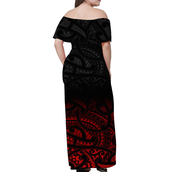 (Custom Personalised) New Zealand Off Shoulder Long Dress Maori Pattern Red LT13