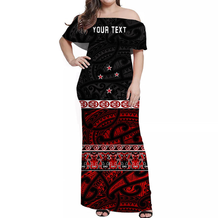 (Custom Personalised) New Zealand Off Shoulder Long Dress Maori Mix Coat Of Arms LT13