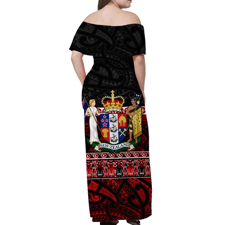 (Custom Personalised) New Zealand Off Shoulder Long Dress Maori Mix Coat Of Arms LT13