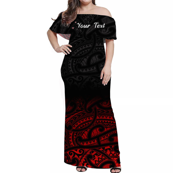 (Custom Personalised) New Zealand Off Shoulder Long Dress Maori Pattern Red LT13