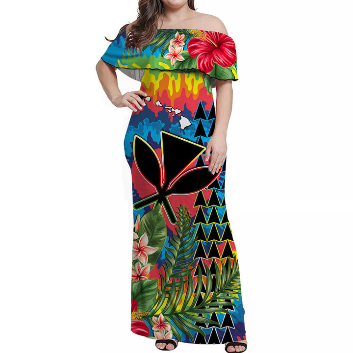 (Custom Personalised) Hawaii Rainbow Tie Dye Off Shoulder Long Dress Flowers Polynesian Hawaiian Tribal LT13