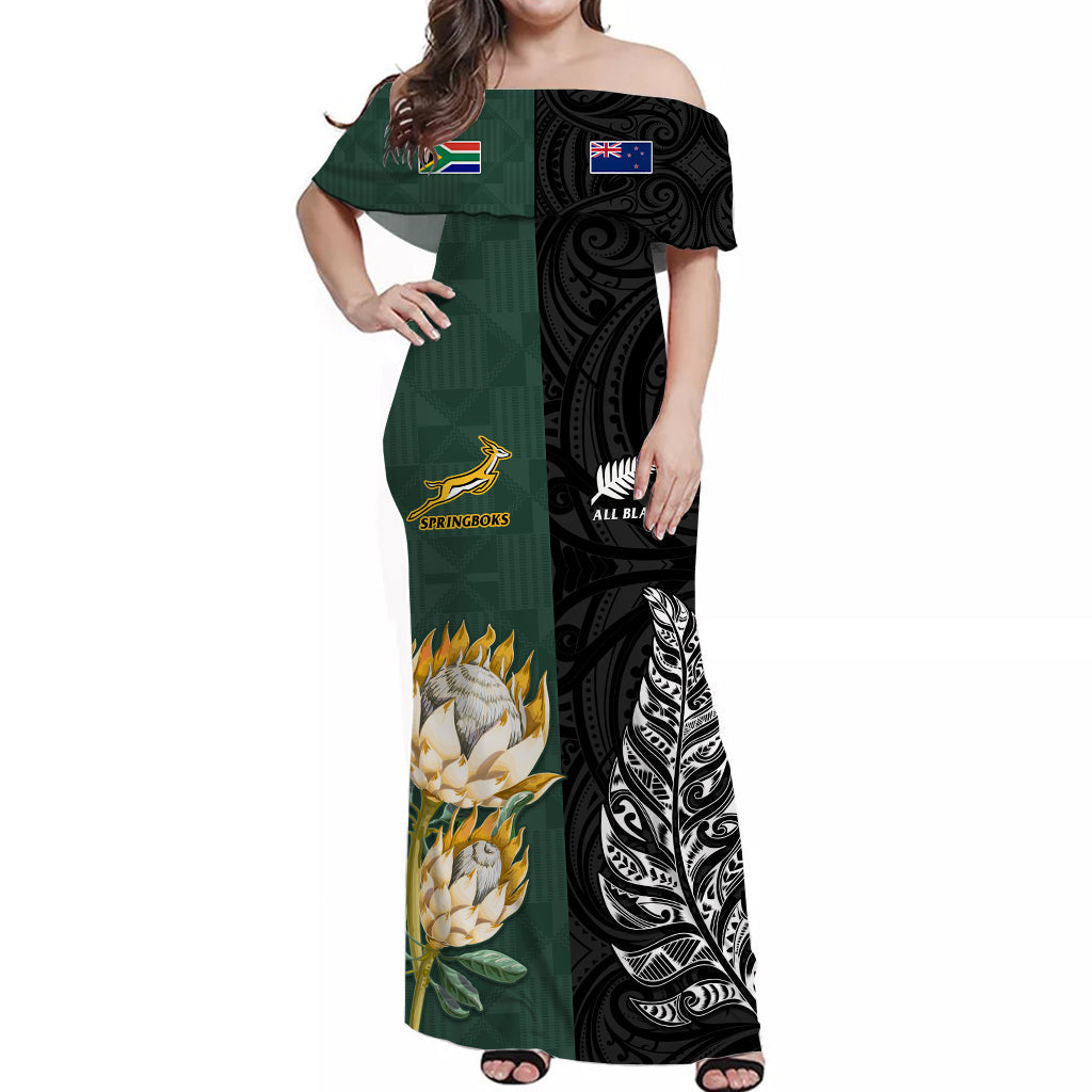 (Custom Personalised) South Africa Protea and New Zealand Fern Off Shoulder Long Dress Rugby Go Springboks vs All Black LT13