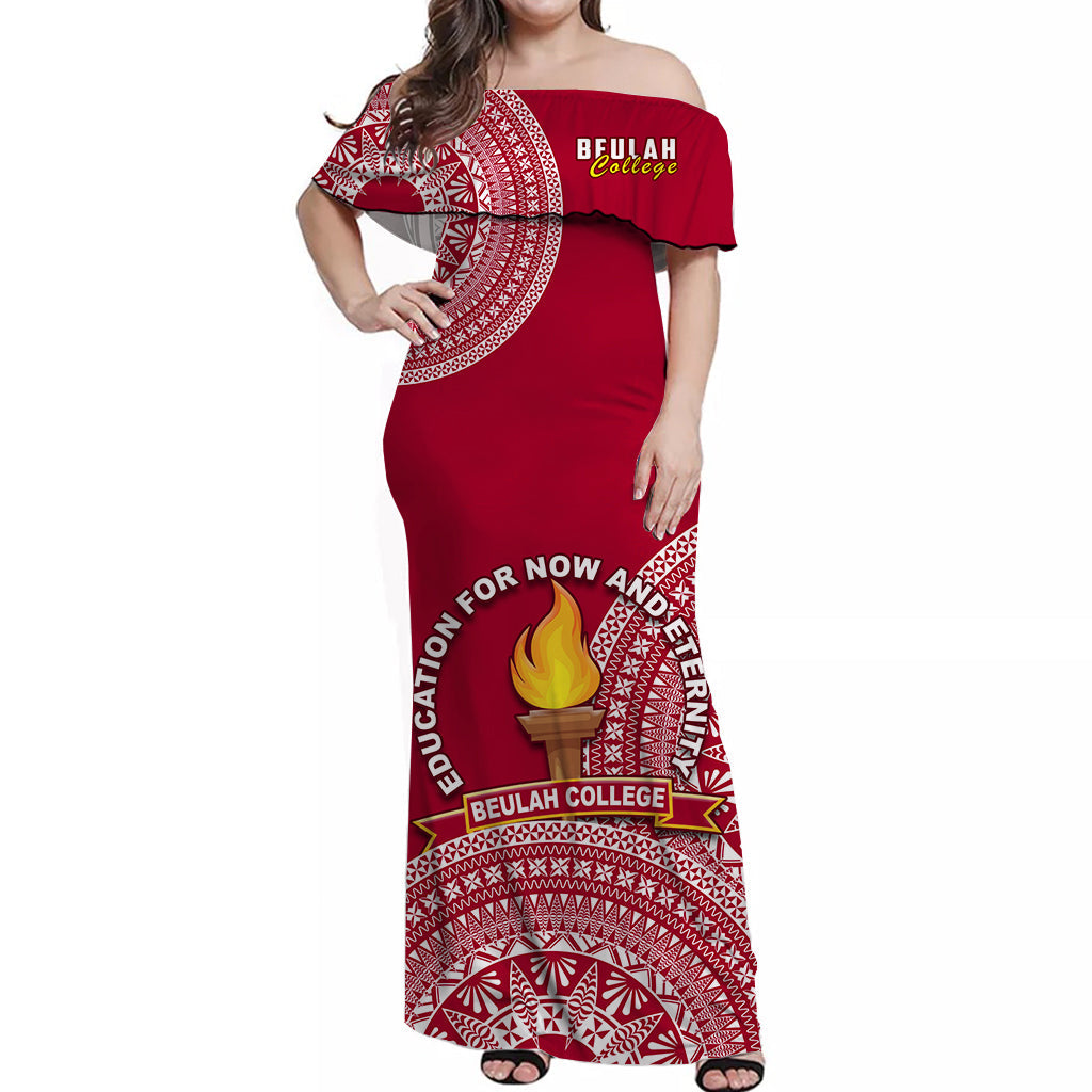 (Custom Personalised) Beulah Tonga College Off Shoulder Long Dress Tongan Ngatu Pattern LT14