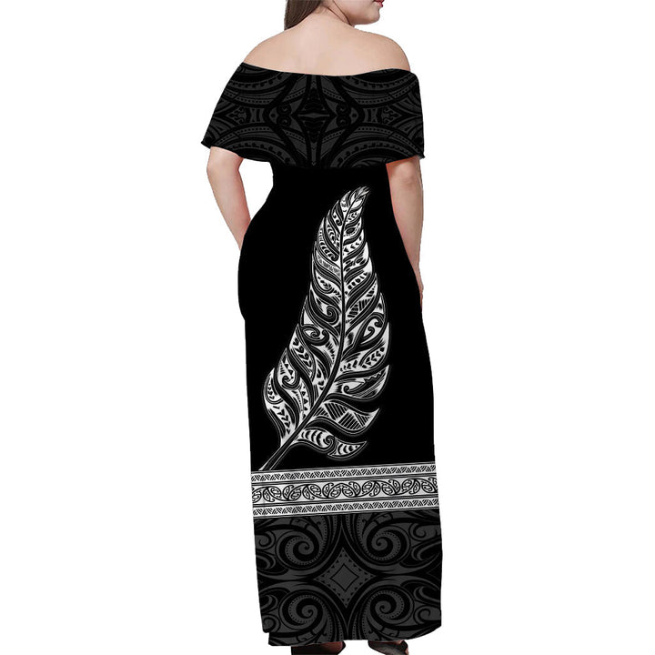 (Custom Personalised) New Zealand Off Shoulder Long Dress Maori Pattern Silver Fern Black LT13